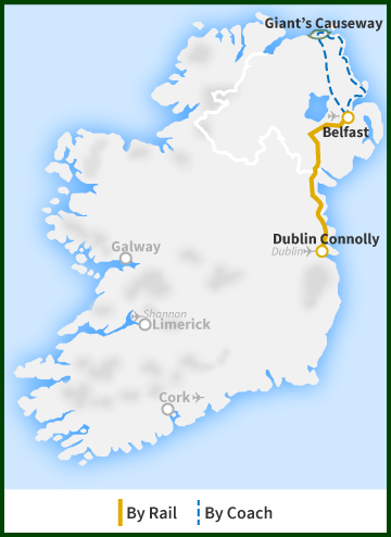 Railtours Ireland - The Giant's Causeway Glens of Antrim and Wild Atlantic Coast tour map Tour of Ireland Map - Belfast, Giant's Causeway