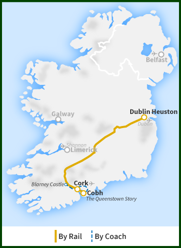 Railtours Ireland - Cork, Blarney Castle and the Queenstown Story tour map Tour of Ireland Map - Cork, Cobh, Blarney Castle