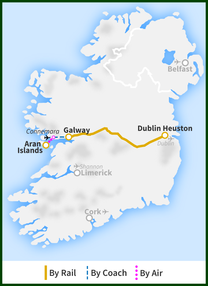 Railtours Ireland - The Aran Islands in Galway Bay tour map" Tour of Ireland Map - Dublin to Aran Islands