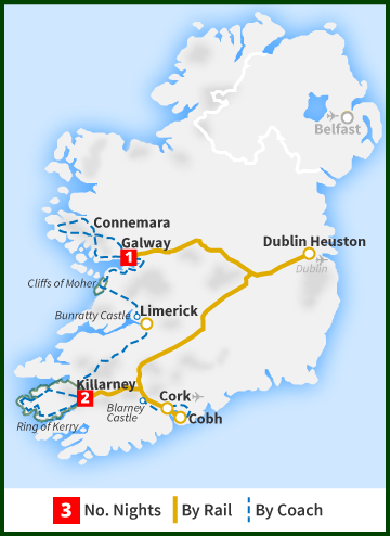 Railtours - The Grand Atlantic Tour tour map Tour of Ireland Map - Cork, Killarney, Cliffs of Moher, Galway, Connemara