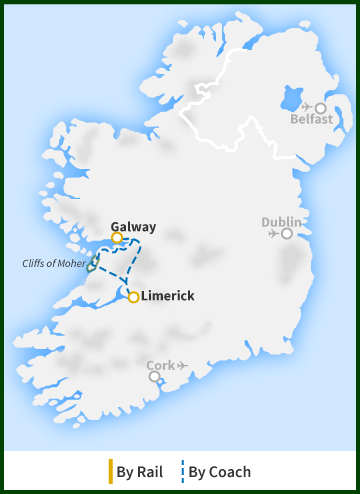 Railtours Ireland - From Limerick, Cliffs of Moher, Galway Map Tour of Ireland Map - Limerick, Cliffs of Moher, Galway